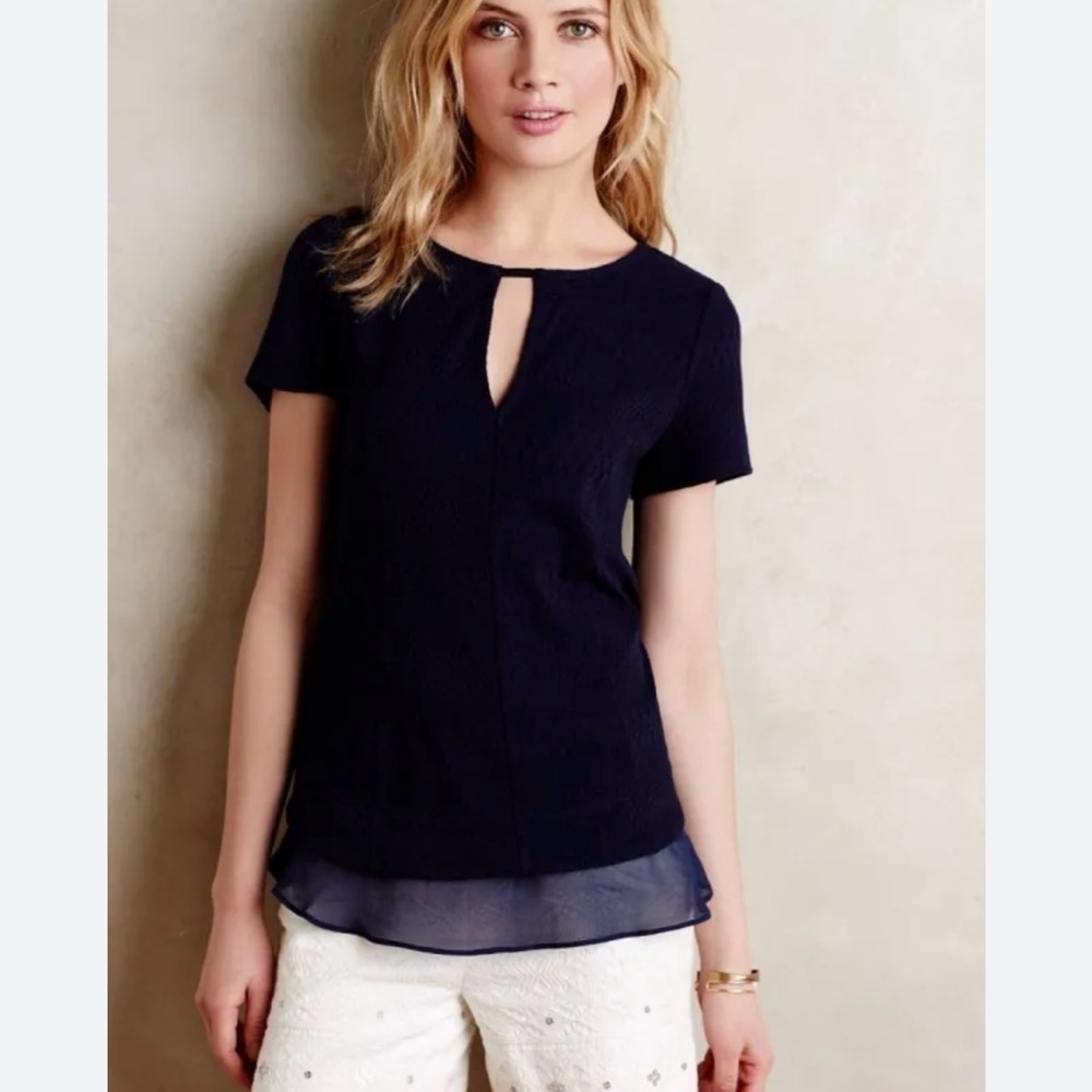 Anthropologie textured cotton short sleeve navy layered top Small